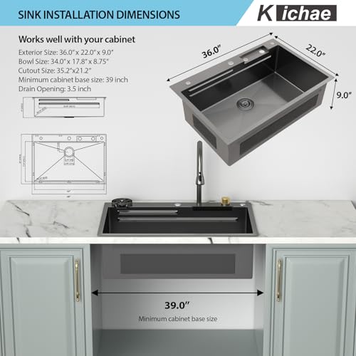 Image of Kichae 36 Black Kitchen Sink Drop In Waterfall Stainless Steel 16 Gauge