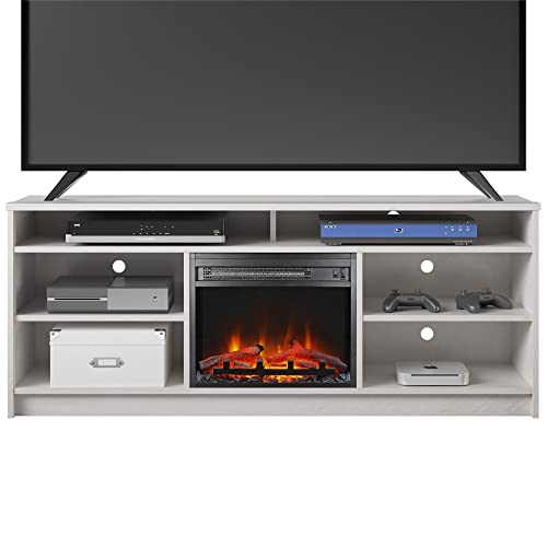 Ameriwood Home Hendrix 65" Tv Stand With Electric Fireplace Insert And 6 Shelves, Ivory Oak #TOP2