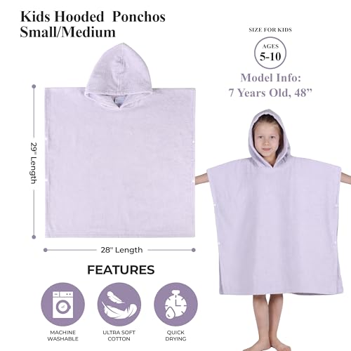 Image of Superior Kids Cotton Terry Poncho, Soft, Absorbent Bath Towel with Hood, Bathroom Accessories, Long, Plush Bathrobes for Bath, Shower, Spa, Resort, Hotel, Beach, Pool, Boy, Girl, Small /Medium, Lilac
