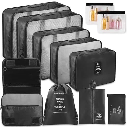 WECUTE Bolsas Organizadoras Maleta, 11 Piezas Organizador de Equipaje Multifunción, Packing Cubes Bolsas Ropa Viaje, Organizadoras Viaje, Impermeable, juego con bolsa de cosméticos (Negro)
