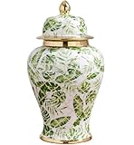 KLJUddGY Frascos de Porcelana for Jengibre con Tapa, Tarro de Templo, tarros Decorativos Chinoiserie, florero de cerámica, patrón de Hoja Verde Blanca, decoración del hogar(20 * 38cm)