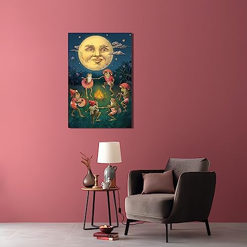Frog Bonfire Party Moon Wall Decor for Kids' Room, Cartoon Frog Art, 12x18inch (Frameless)