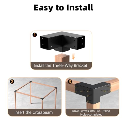Image of Pergola Brackets, 3-Way Pergola Kit for 4 inchx 4 inch (Actual 3.5 inch X 3.5 inch) | Heavy Duty, Durable & Weather-Resistant Construction, Right Angle Corner Bracket with Black Powder Coated (4Pcs 3-Way)