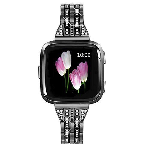 Mtozon Correas compatibles con Fitbit Versa 2/Versa Lite/Versa, pulsera de repuesto de metal con diamantes de imitación para mujer, color negro