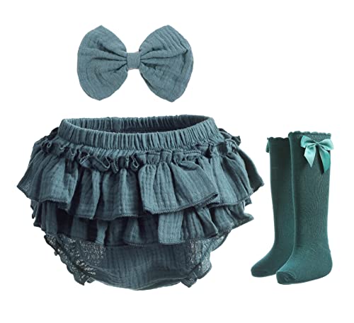 Image of Purbasvi Newborn Infant Baby Girl Cotton Bloomers and Bows Toddlers Ruffle Shorts Diaper Covers Headband Set