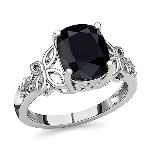 Black Tourmaline Ring in 925 Sterling Silver - October Birthstone Rings for Women - Engagement Promise Floral Statement Vintage Solitaire Tourmaline Jewelry Birthday Gifts Size - 8