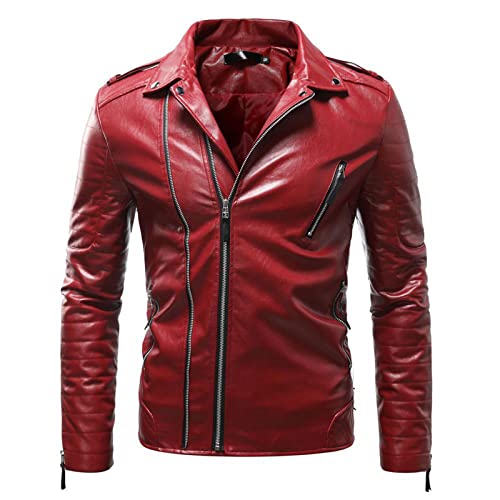 Faux Leather Jacket Men's Bright Pu Leather Motorcycle Jacket Coat Lapel Collar Zip Up Moto Biker Jacket Outwear (3X-Large, Red) #TOP1
