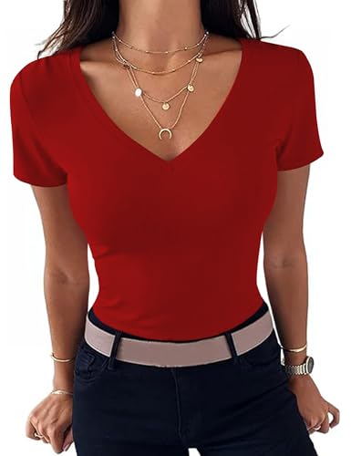 Totatuit Women's T-Shirt V-Neck Elegant Tops Short Sleeve Basic Tee Shirts Slim Fit T-Shirt Stretch Summer Tops Red S