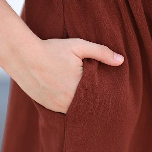 Gorlya Girl's Short Sleeve Button Up Pleated Waist Loose Casual Linen Midi Dress With Pockets For 4-12 Years Kids (Gor1007, 11-12Y, Brown Color) #TOP4