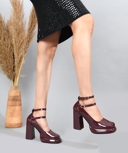 Image of FROH FEET Mary Jane Shoes Women Chunky Block Heels Mary Janes Dress Shoes for Women Close Cap Toe 5 Inch Women's Pumps Shoes with Buckle Double Strap Comfy Pumps for Office Party Casual Wedding