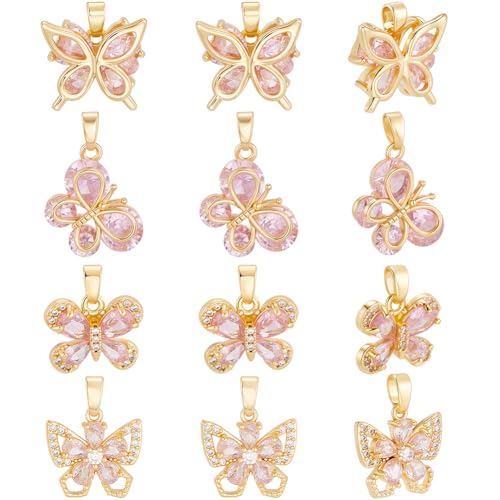 Image of Beebeecraft 12Pcs 4 Style Butterfly Charms for Necklaces 18K Gold Plated Dangle Pink Cubic Zirconia Charms with Storage Box for Jewelry Making Bracelet Diy Crafts