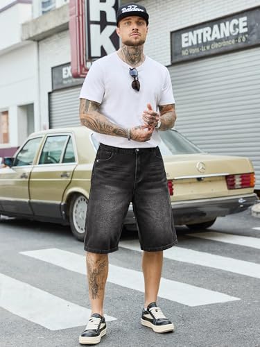 Image of PLEPAN Mens Super Baggy Jean Shorts 12 inch Vintage Loose Fit Wide Leg Long Jorts Y2K Streetwear Below Knee Denim Shorts