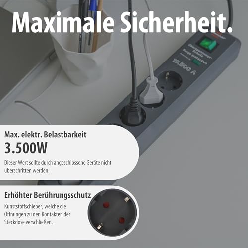 Brennenstuhl Secure-Tec Steckdosenleiste 6-Fach mit Überspannungsschutz (Mehrfachsteckdose mit 2m Kabel und Schalter, Engineered in Germany) grau