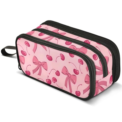 Image of ALAZA Pink Bow Cherry Large Pencil Case, Pen Pouch Pencil Bag with 3 Compartments Pen Holder Organizer Stationery Bag