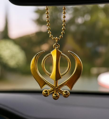 Image of Steel Finish Golden and Silver Khanda Car Hanging Accessory with Beads Chain Punjabi Sikh Car Decor Accessory Sikh Decor for Car 3.2 Inch Wide