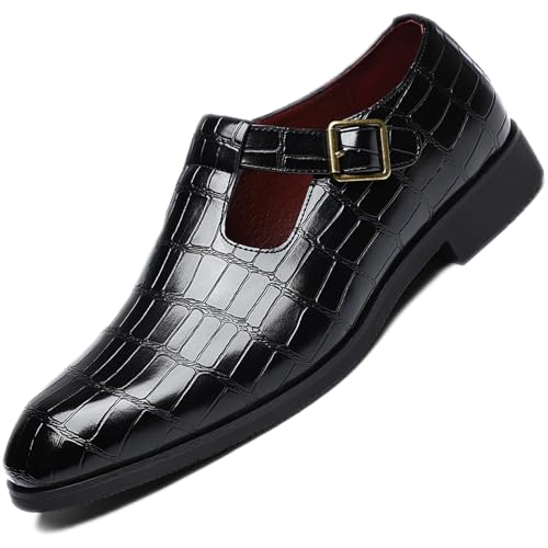 Men's Leather Printed T-Strap Pointed Toe Slip-On Dress Loafer Shoes with Adjustable Buckle Comfortable Low Chunky Heel Breathable Hollow Non-Slip Oxford Shoes for Business Party Wedding Casual
