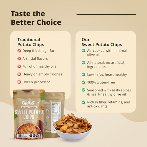 Image of GRABZ Healthy Sweet Potato chips And Clusterbean | Rich in Fiber | Rich Nutritious Snacks (20 Grams x 2 Pack) Health Premium | Zero oil | Crunchy chips