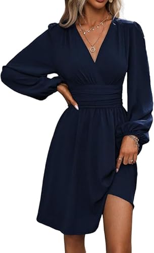 Women's Dress Autumn/Winter Slanted Collar Casual Dresses Lantern Sleeves Pleated Waist Cocktail Dresses (Dark Blue,Large)