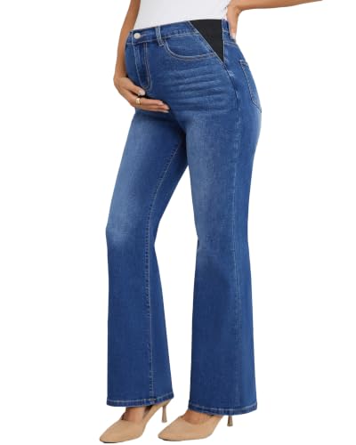 Image of PACBREEZE Women's Maternity Flare Jeans Mid-Rise Stretchy Bell Bootcut Jeans Denim Pregnancy Pants, S-XXL