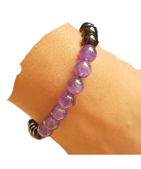 LYGBAOFUL Natürliches schwarzes Turmalin-Amethyst-Armband, Schwarze Glatte Perlen, elastisches Armband, Geschenk für Männer und Frauen