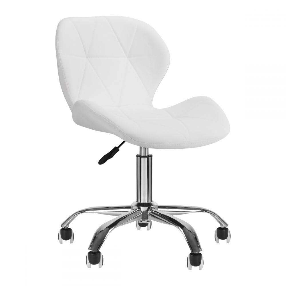Sedia Comfort Ecopelle, Senza Braccioli, a Rotelle Girevole con Ruote in Gomma, Imbottita, Moderna, da Camera da Letto, Studio o Centro Estetico, Acciaio, Altezza Regolabile, Bianca
