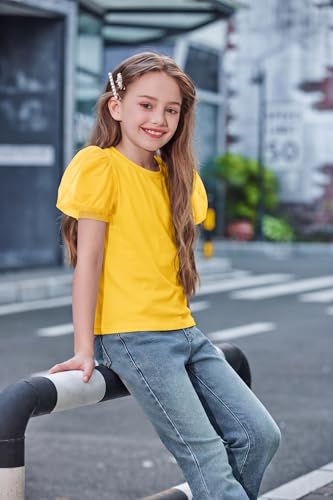Image of Arshiner Girls Shirts Mesh Puff Short Sleeves Blouse Crewneck Cute Print Summer Kids Tee Tops