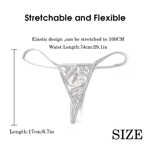 Bodiy Women Low Rise Thong G-String Holographic Shiny Metallic Panties T-Back Tanga Underwear For Ladies Bikini Rave Briefs (Silver) #TOP3