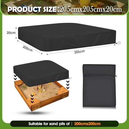 VTMJ Sandkasten Abdeckung 205 x 205cm, 210D Oxford Sandkastenabdeckung, Abdeckplane Sandkasten mit Gummizug Kordelzug und Aufbewahrungsbeutel, Wasserfeste Abdeckung für Sandkiste Pool Garten, Quadrat