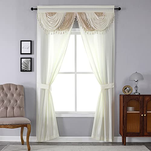Regal Home Collections Amore Curtains 5-Piece Window Curtain Set - 54-Inch W x95-Inch L Panels with Attached Valance and 2 Tiebacks - Bedroom Curtains and Living Room Curtains (Beige)