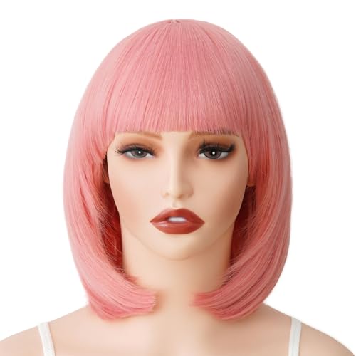 Image of Rose bud Pink Wig Bob Straight 12 Inch Short Hair Cosplay Wigs for Women Costume Party Halloween