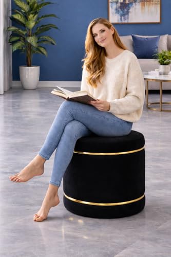 Image of Pouffes Sitting Stool for Living Room, Puffy Wooden Ottoman | Round Pouffe for Living Room & Bedroom | Pouf for Office & Home Decoration & Modern Seating Stool (Black)