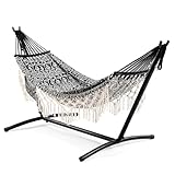 Double Hammock with Stand, 450LBS Capacity, 2 Person Large Hammock, Indoor and Outdoor Hammock, Boho Style, Perfect for Backyard Patio Beach, 9-Foot