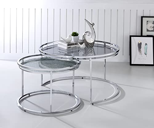 Furniture Of America Holden Luxury Glam Round Glass Top 2-Piece 34 In. Nesting Table Sets For Living, Reception Room, Home Office, Chrome And Gray #TOP3