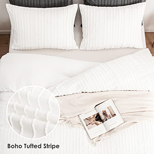 Warmdern White Boho Duvet Cover Set King Size, Striped Textured Duvet Cover Tufted Bedding Set, 3 Pcs Ultra Soft Washed Microfiber Duvet Cover With Zipper Closure (King, White) #TOP1
