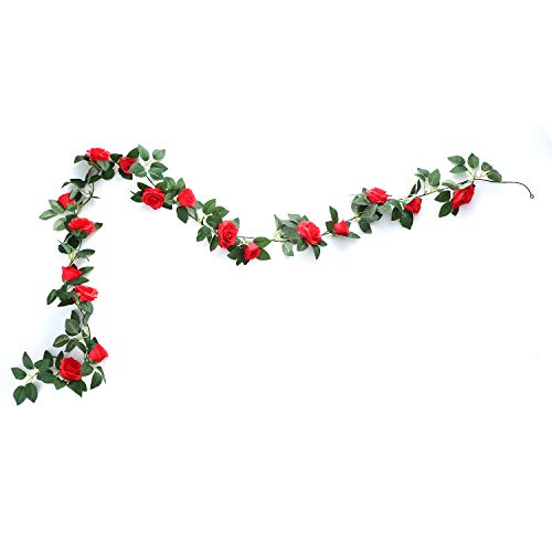 MEHELANY Artificial Rose Vine Flowers with Green Leaves 7.5ft Fake Silk Rose Hanging Vine Flowers Garland Ivy Plants for Home Wedding Party Garden Wall Decoration (Red) â€¦