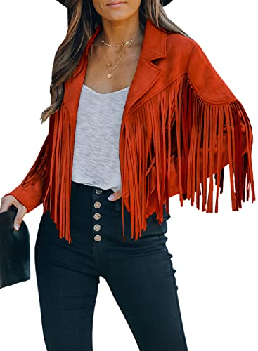 Farysays Womens Cropped Fringe Suede Faux Leather Motorcycle Jackets Fashion Oversized Plus Size Jacket Outfits For Ladies Orange Xx-Large #TOP9