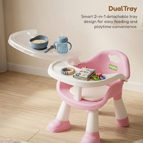 Image of Baybee Booster Seat for Baby | Feeding Chair with Tray | Portable Dining Seat for Toddlers | Baby Feeding Solution for Home & Travel (0-6 Years, Pink)