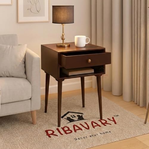 Image of Modern Bedside Table Nightstand with Solid Wood Legs, Practical End Side Table with Drawer Storage for Small Spaces Wooden Bedside Table, Coffee Table, Living Room /Bedroom (Brown)