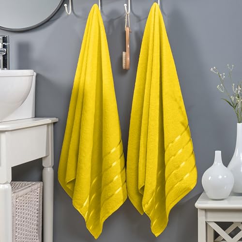 Image of Elegant Comfort 100% Turkish Cotton 4 Lines Viscose Stripe Luxury 2 Pack Bath Towel Set 27 x 54 Inch - Super Soft and Highly Absorbent Premium Hotel Spa Quality Towels for Bathroom Use, Yellow