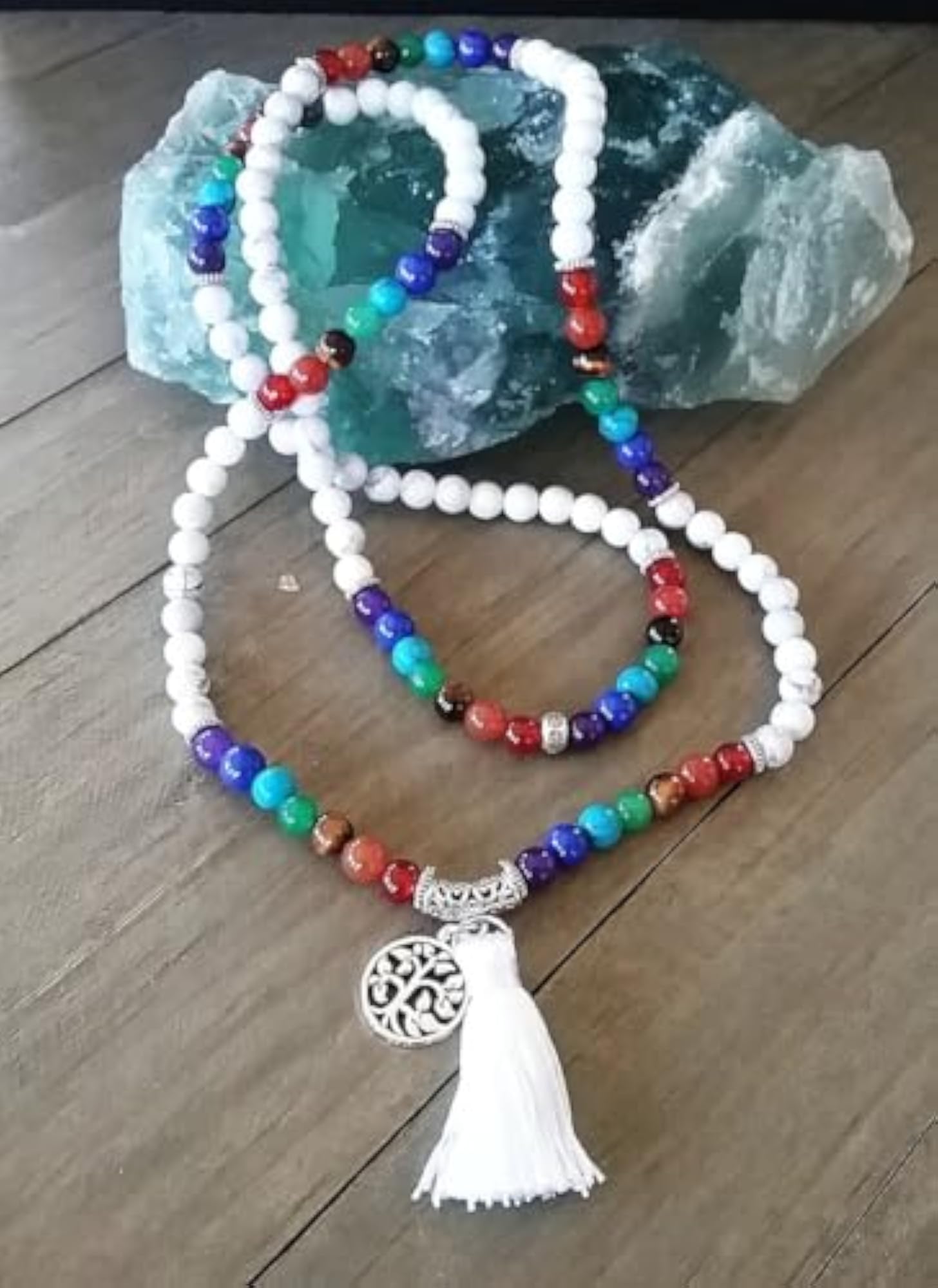 Natural 7 Chakra Stone & Howlite 10MM Round Beaded Prayer Mala Necklace