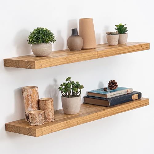 Image of Acovy Extra Deep 32 inch Long Rustic Solid Wood Floating Shelves for Wall, Wall Shelves with Invisible Bracket for Living Room Bathroom Bedroom Kitchen, Set of 2, Natural