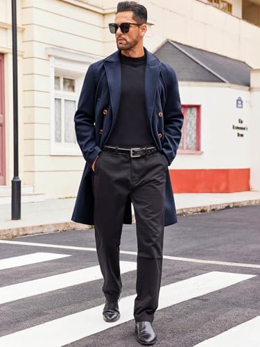 Image of Runcati Mens Trench Coat Notch Lapel Slim Fit Double Breasted Casual Long Business Pea Coat Overcoat