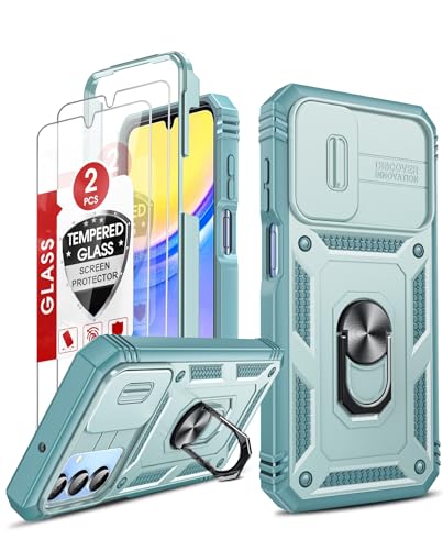 LeYi Hülle für Samsung Galaxy A15 4G/5G Slide Kamera Klappe Handyhülle [2 Hartglas Handyfolie] Metallständer Handy Hüllen Kameraschutz Schutzhülle Robust Fallschutz A 15 5 G Case Halterung Cover Grün
