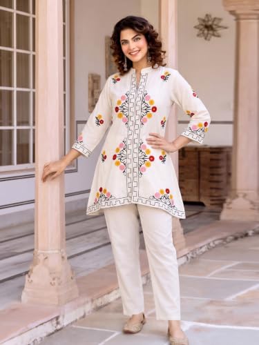 Image of ANNI Designer Women Kurta Set | Cotton Embroidered A-Line Kurta with Pant Co-ord Set | 3 /4 Sleeve Mandarin Collar Kurti Set for Women | Daily Office Party Wedding Ethnic Suit