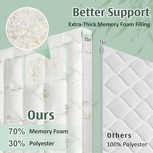DOWNCOOL 3 Inch Queen Mattress Topper – Cooling Memory Foam Mattress Topper for Back Pain Relief, Breathable Bamboo Viscose Air Layer, 1600 GSM Fill, Deep Pocket Fits 8–21 Inch