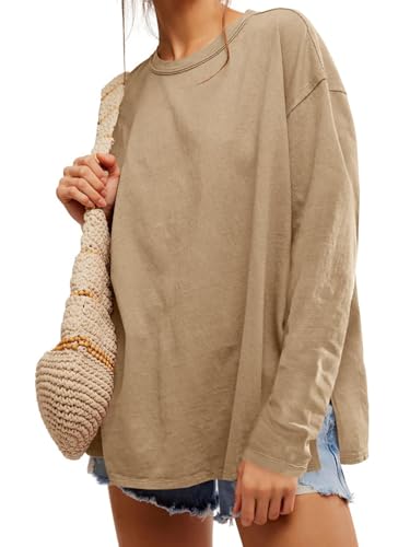 Womens Oversized Long Sleeve Shirts Crew Neck Casual Tops Loose Fit Side Slit Fall Tees Khaki