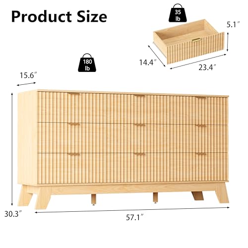 Image of Oak Dresser 9 Drawer Dresser for Bedroom, 57''Wide Fluted Wooden Dresser Storage Cabinet and Chest of Drawers with Metal Handle, Storage Organizer for Living Room, Hallway, Entryway