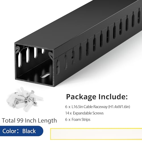 Image of 1.4 inchH x 1.6 inchW Cable Raceway, 99in Under Desk Wire Management Channel, Black | Slotted Wire Duct, 6Pack, 16.5in Each, Heavy-Duty PVC Cable Management for Server Racks, Network Cables & Electrical Cabinets