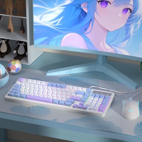 Image of Wire Gaming Keyboard,Creamy Keyboard and Mouse Combo, 7 Colorful Rainbow Backlight Classic Gaming Keyboard (White & Blue & Purple)