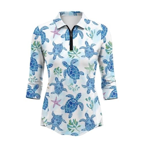 TODIYADDU Starfish Turtle Golf Polo Shirts for Women Casual Winter 3/4 Sleeve Tops Loose Fit Workout Tennis Tops with Collared Pullover Quickly Drying Top for Weekend Getaway, S